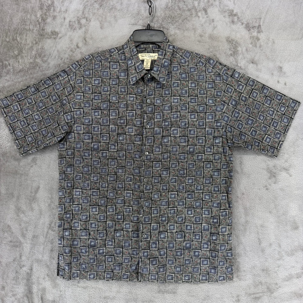 Tori Richard Shirt Mens M Geometric Square Blue Grey Button Down EUC
